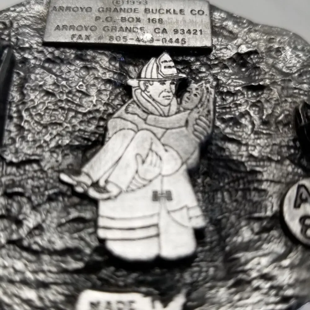 Vintage Belt Buckle 1993‎ Pewter Fire Fighter First Responders USA Arroyo Grande